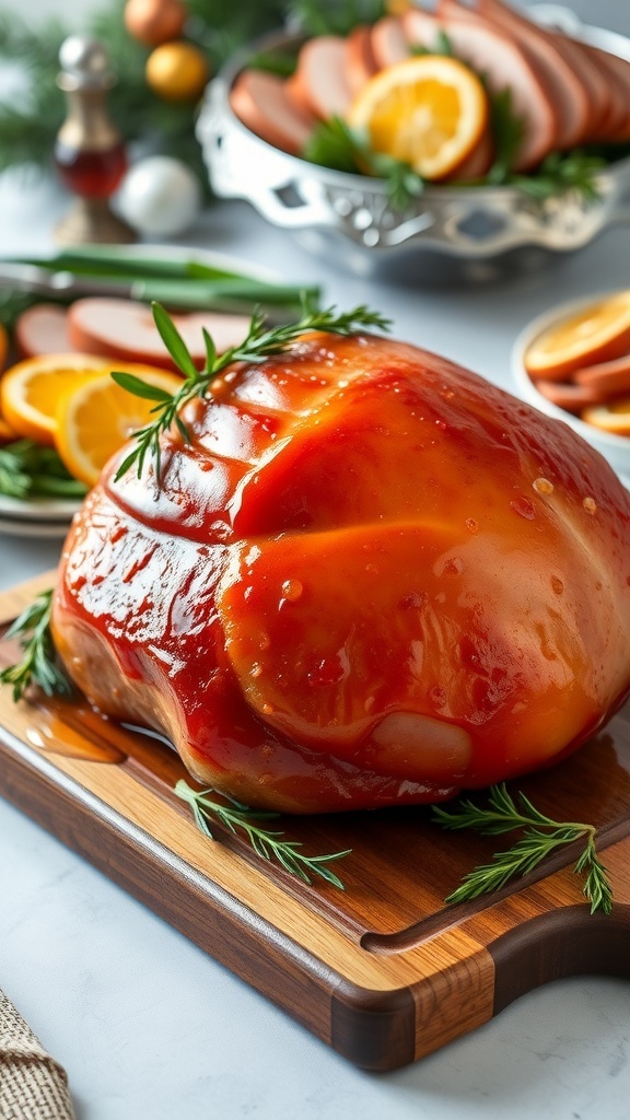 Oven-Baked Honey Glazed Ham Recipe A golden brown honey glazed ham on a cutting board, garnished with herbs and orange slices.